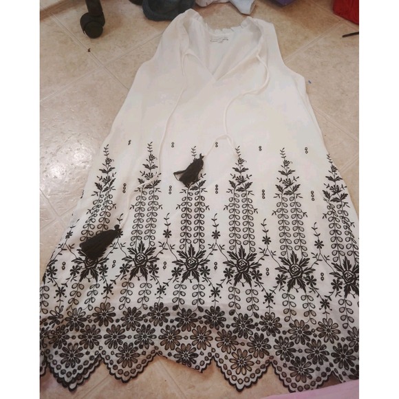 Johnny Was Size S Dress White Ivory Black Cotton Silk Eyelet Embroidered Lined - Picture 1 of 5